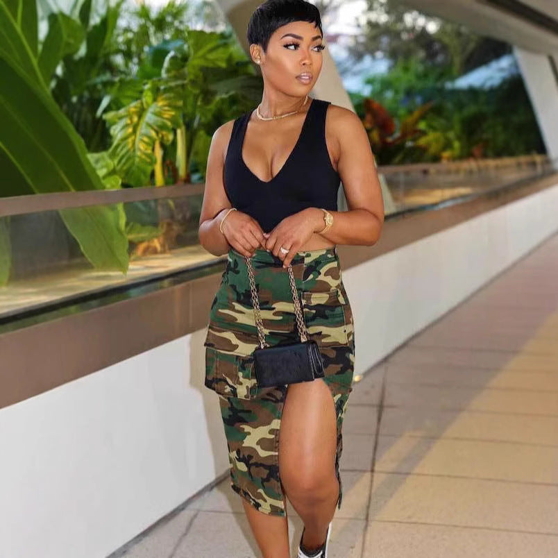 Women's Plus Size Casual Camouflage Casual Side Slit Skirt 4