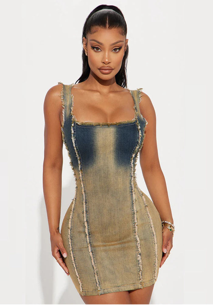 Women washed retro gradient color suspenders denim dress