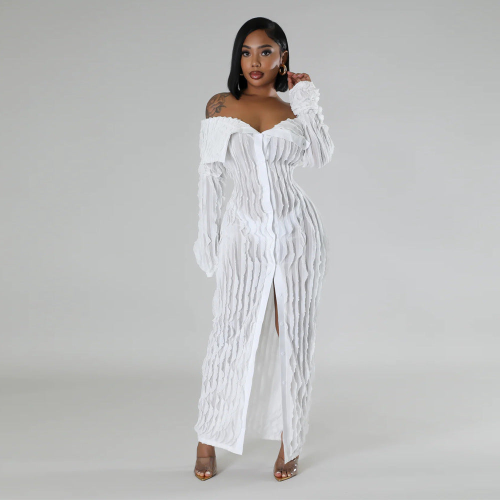 Spring Summer Women Fashion Sexy See-Through Off Shoulder Shirt Button Long Dress 4