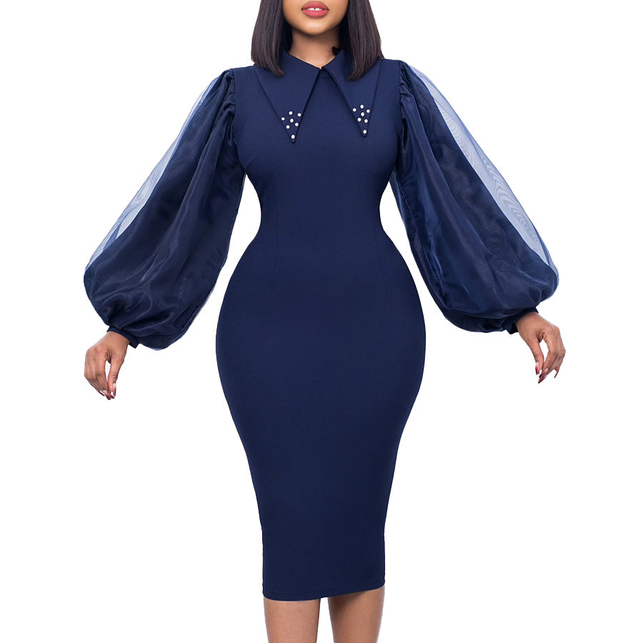 Women'S Spring Autumn Long Sleeve Plus Size Beaded Mesh Patchwork Career Bodycon Pencil Dress 7