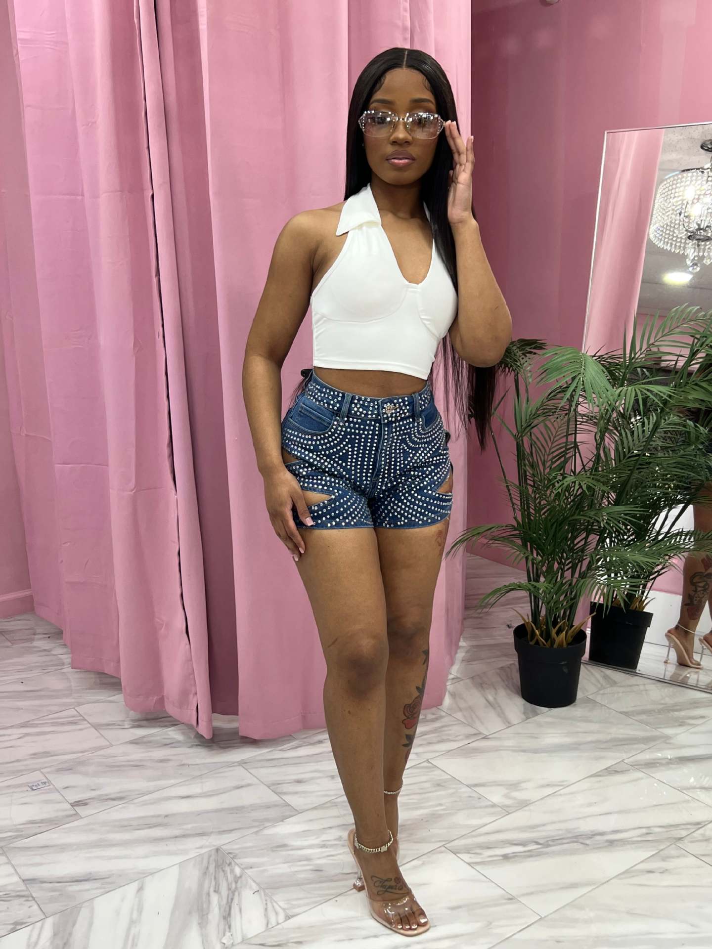 Women's Summer Beaded Ripped Washed Tight Fitting Sexy Stretch Denim Pants 13