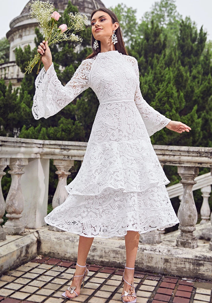 Bell-Bottom Sleeve Round Neck Multi-Layered Ruffled Lace Dress for Women
