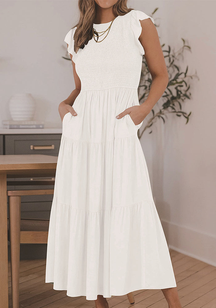 Solid Color Pleated Waist Casual Midi Dress