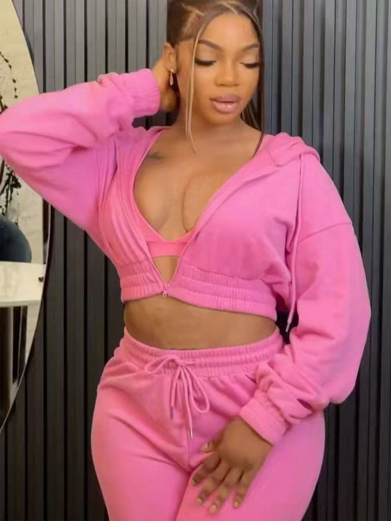 Women's Casual Loose Long Sleeve Zipper Hoodies Jacket Fitness Sweatpants Two Piece Tracksuit 5