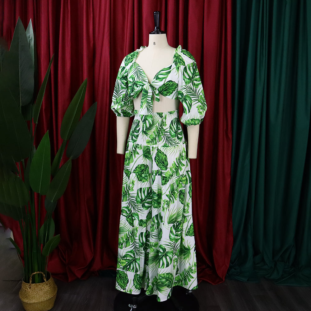 Women Printed V-neck Lace-Up Top + Wide Leg Pants Two-Piece Set 15