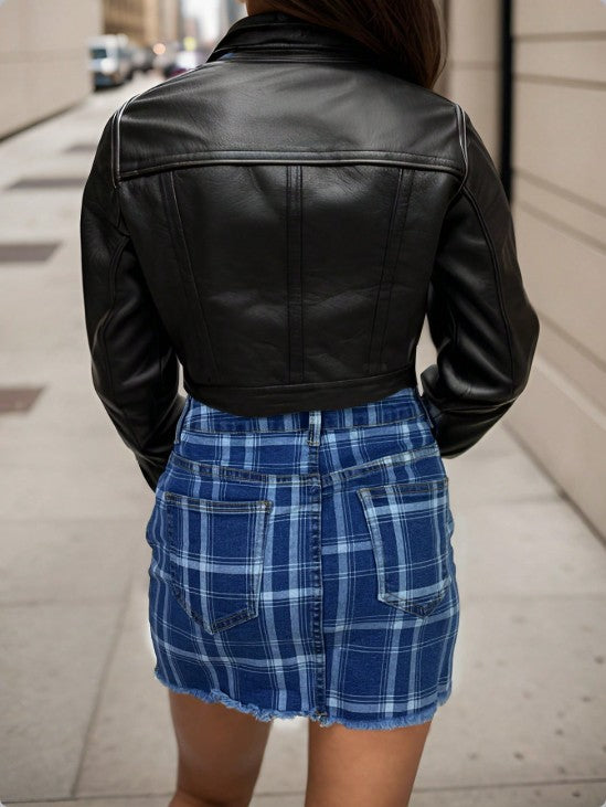 Women Plaid Stretchy Denim Skirt
