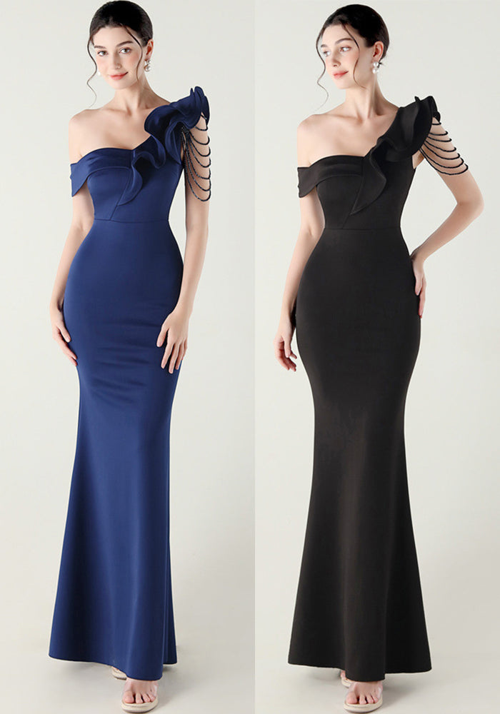 Women ruffled one-shoulder beaded fishtail formal party evening dress