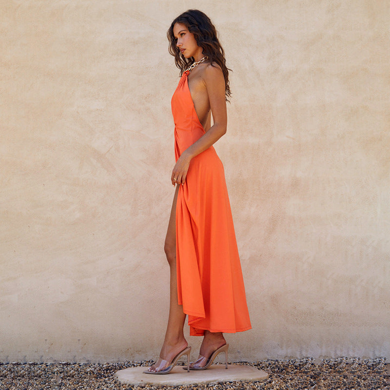 Women Solid Halter Neck Chain Hollow Backless Slit Dress 4