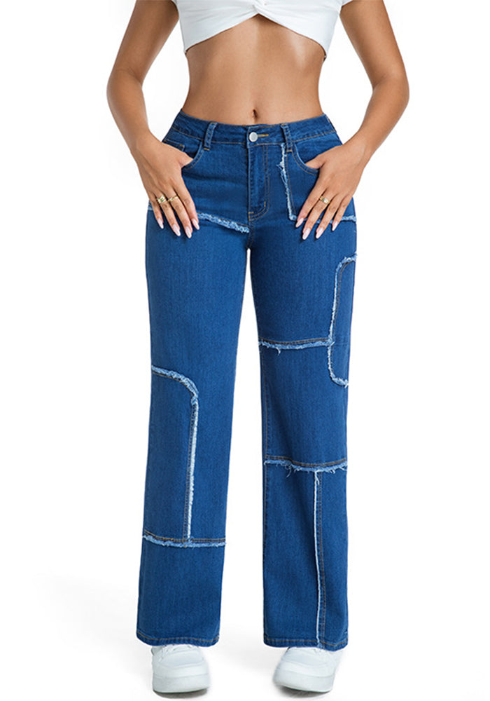 Straight-Leg Solid Color Casual Loose Mid-Rise Jeans