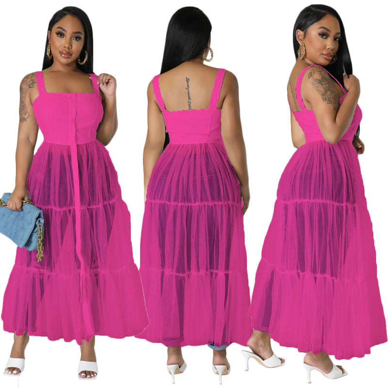 Women's Sexy Camisole Mesh Patchwork Dress 8