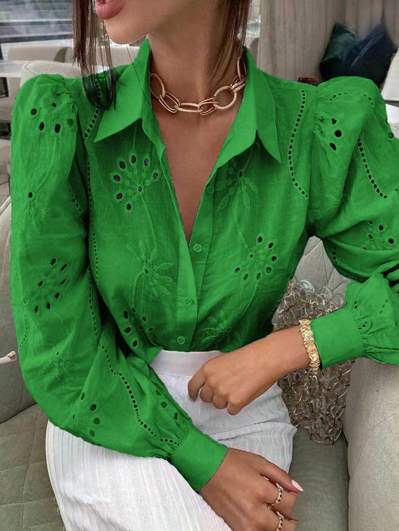 Women Solid embroidered hollow long-sleeved Turndown Collar shirt 11