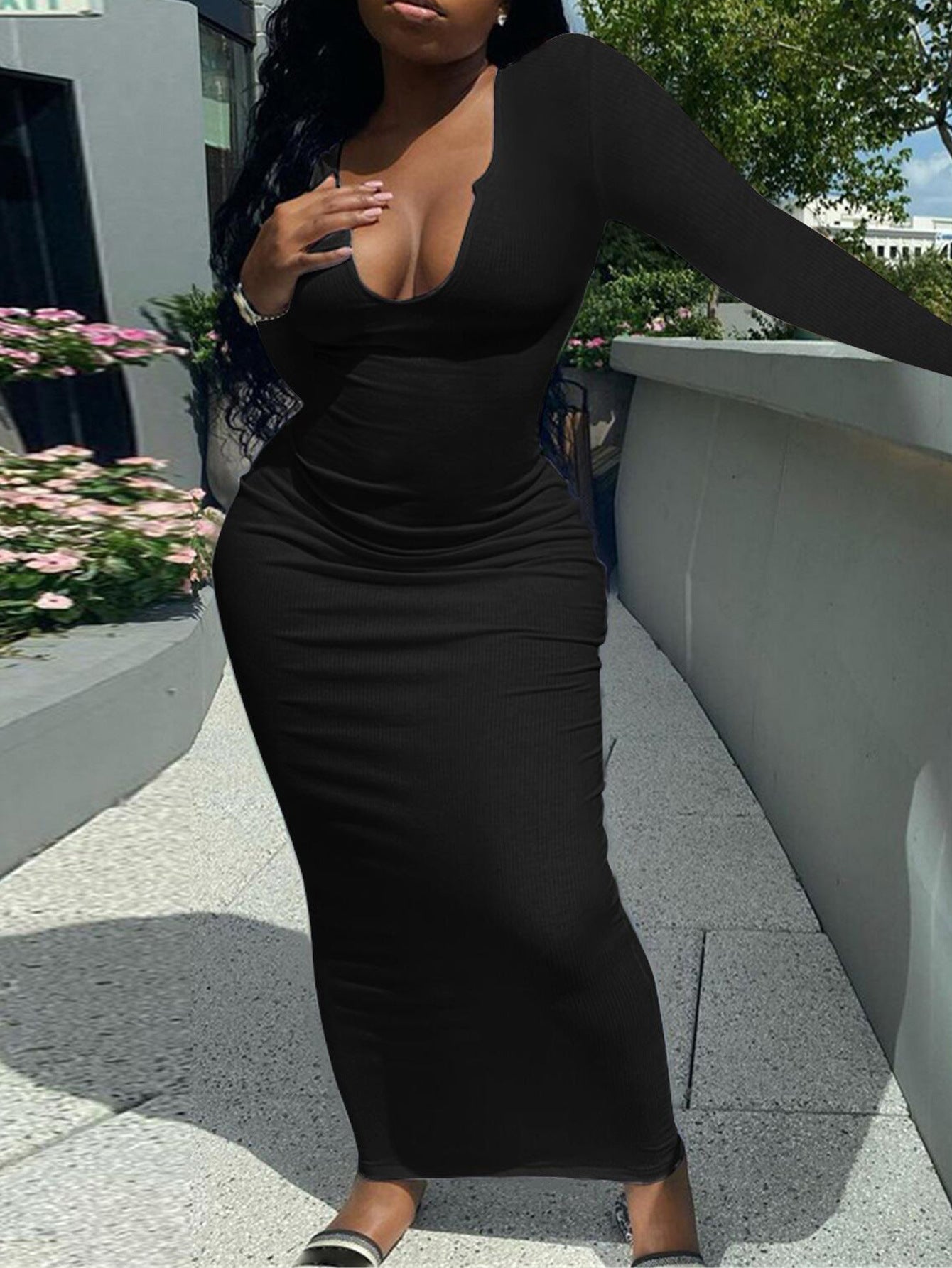 Women Long Sleeve Ribbed Sexy U-neck dress 3