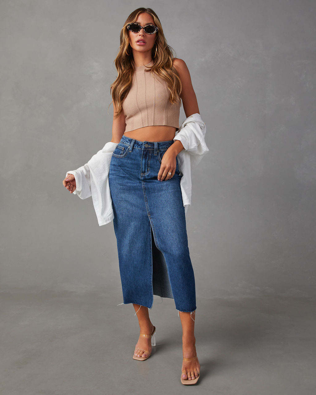 High Waist Slit Washed Denim Mid-Length Skirt For Women 3