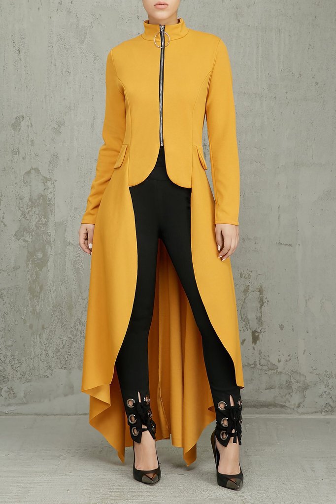 Spring Long-Sleeved High-Neck Slim Zipper Irregular Long Dress 39