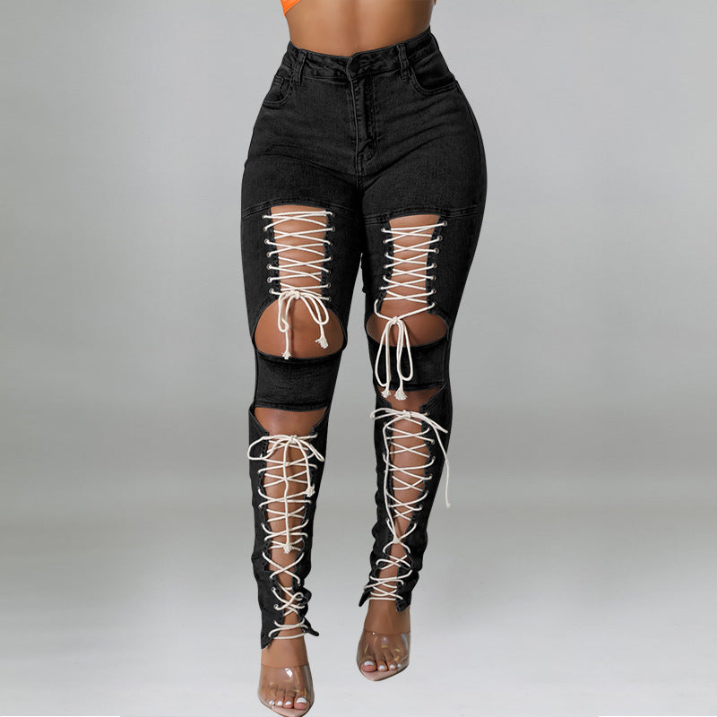 Women's Summer Lace-Up Sexy Denim Pants 9