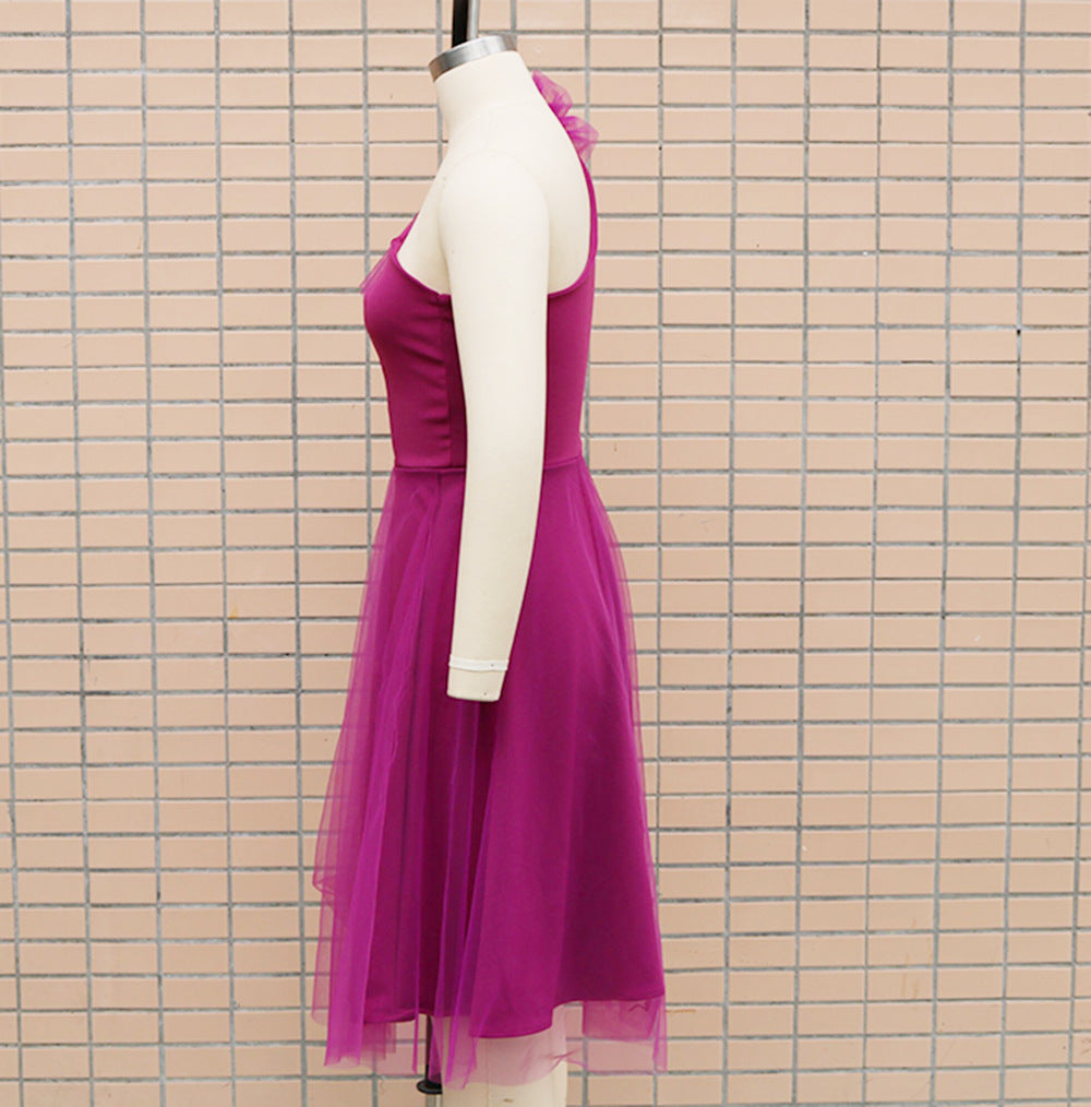 Women One Shoulder Sleeveless Mesh Patchwork Dress 23