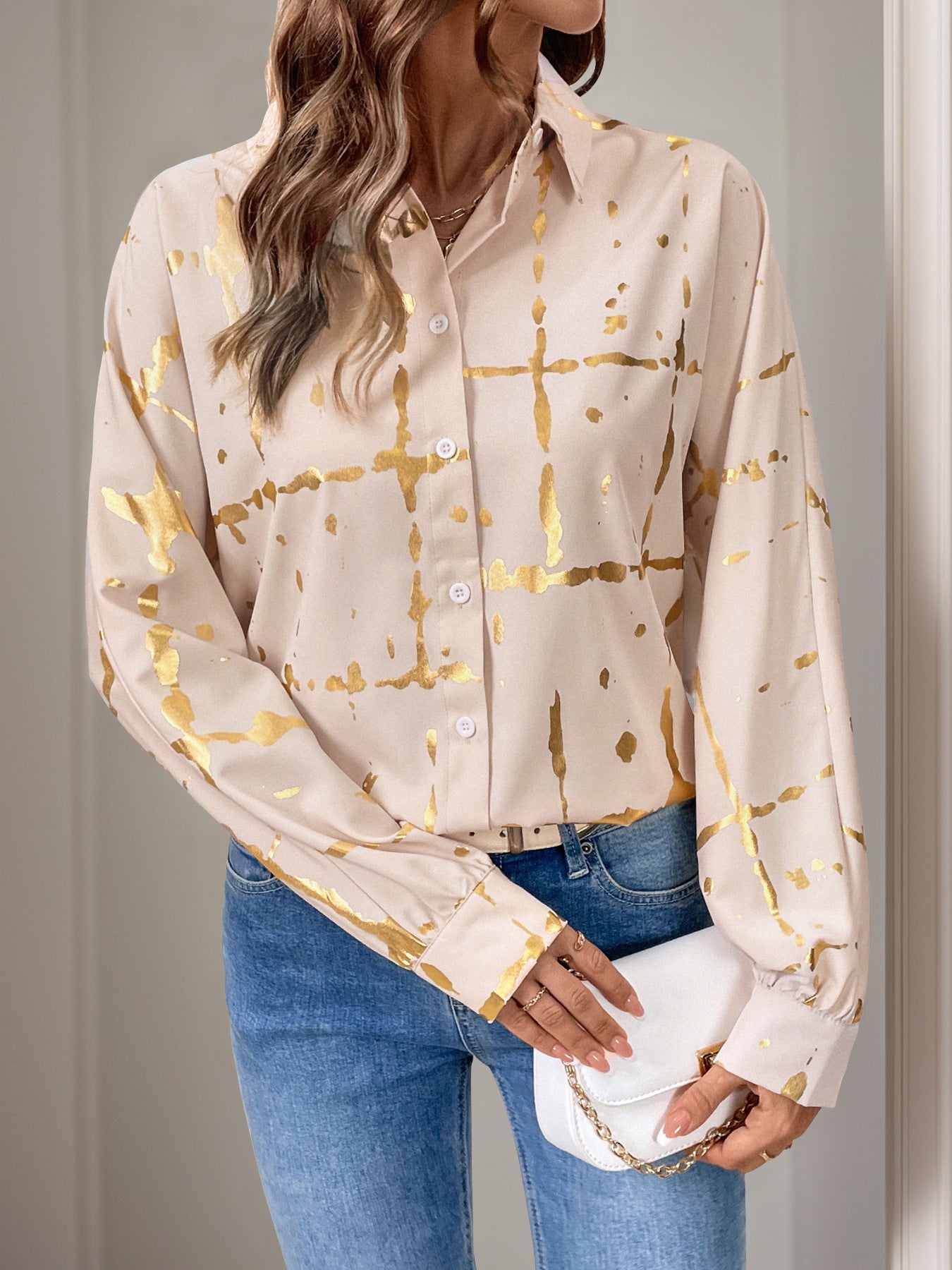Women autumn and winter Casual Turndown Collar Shiny printed shirt 3