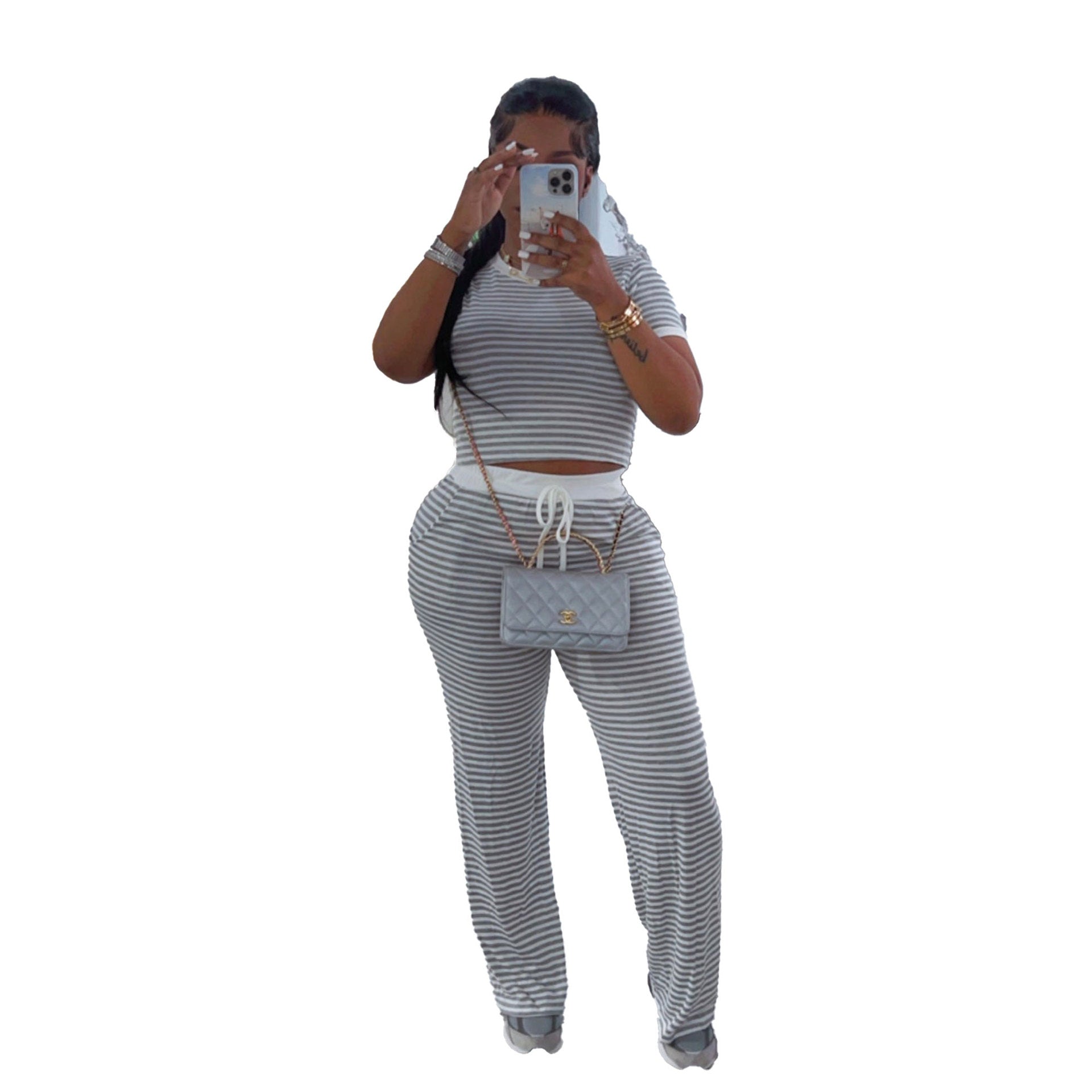 Casual Short Sleeve Striped Two-Piece Pants Set 5