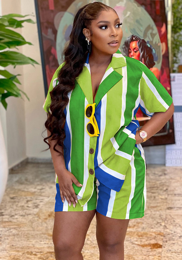 Women shirt summer casual Striped shorts shirt Holidays two-piece set