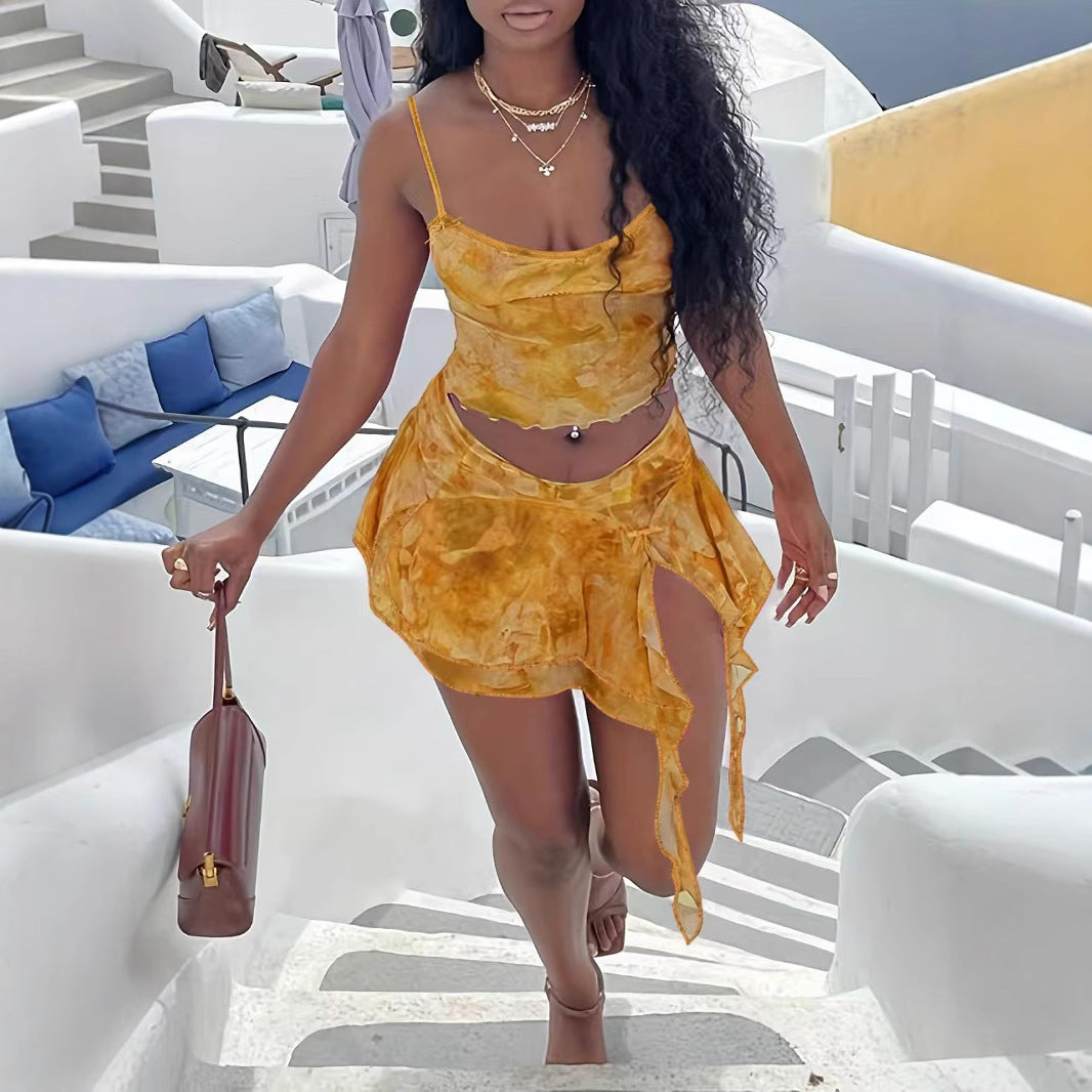 Women Two Mesh Sexy Camisole Top and Irregular Slit Skirt Two-Piece Set 12