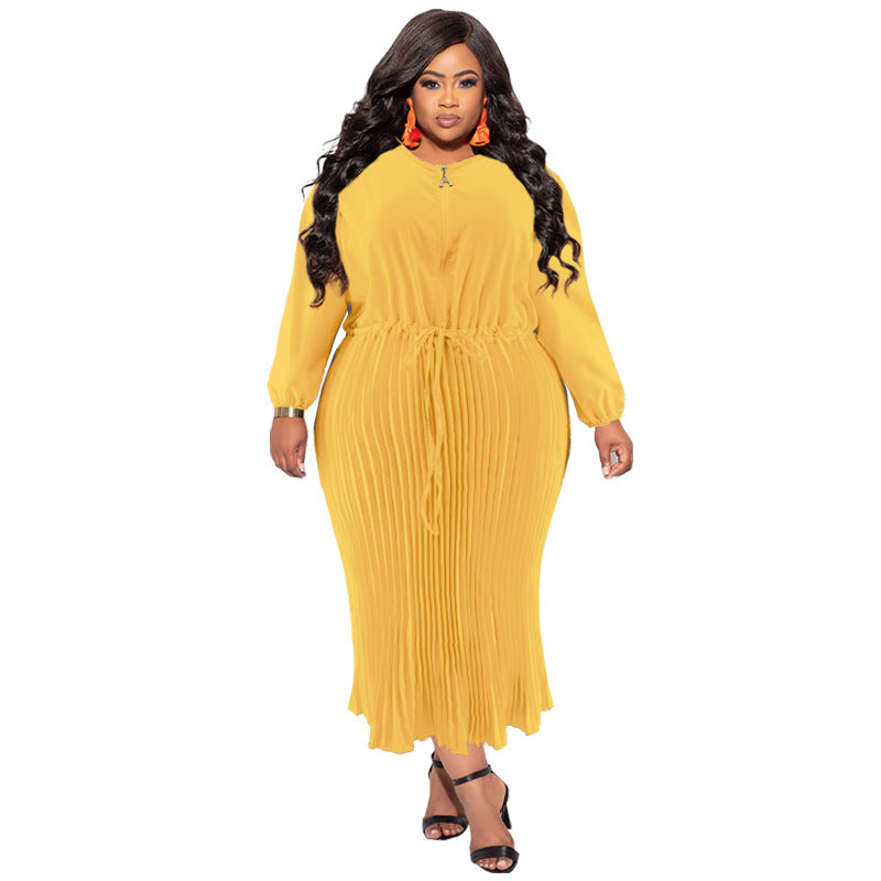 Plus Size Autumn Women's Zipper Round Neck Long Sleeve Pleated Dress 11