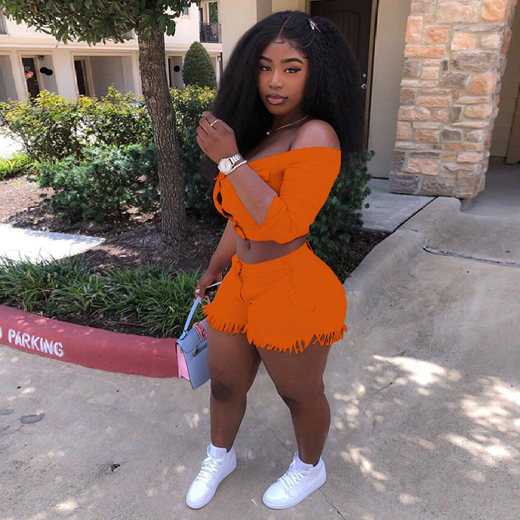 Women's Clothing High Stretch Off Shoulder Two-Piece Shorts Set 3