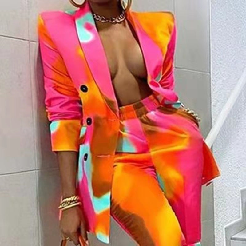 Women's Printed Coat Suit Casual Blazer Pants two piece Suit 6