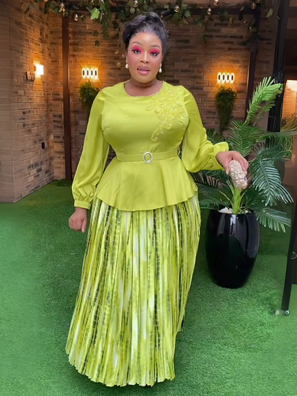 African Women's Plus Size Embroidered Beaded Chic Career Two Piece Pleated Skirt Set 4