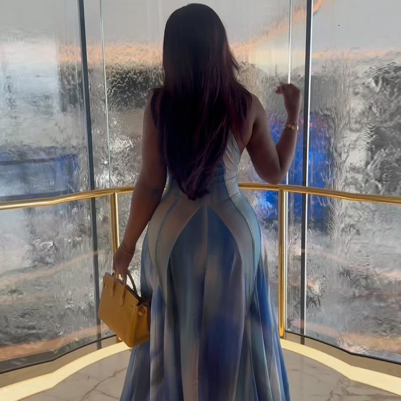 Women Print Gradient Stand Collar Long Sleeve Dress 5