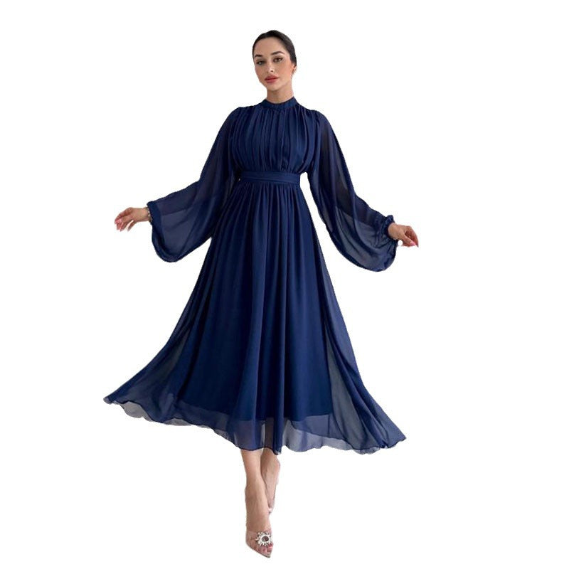 Chic half turtleneck long sleeve pleated midi dress for women 9