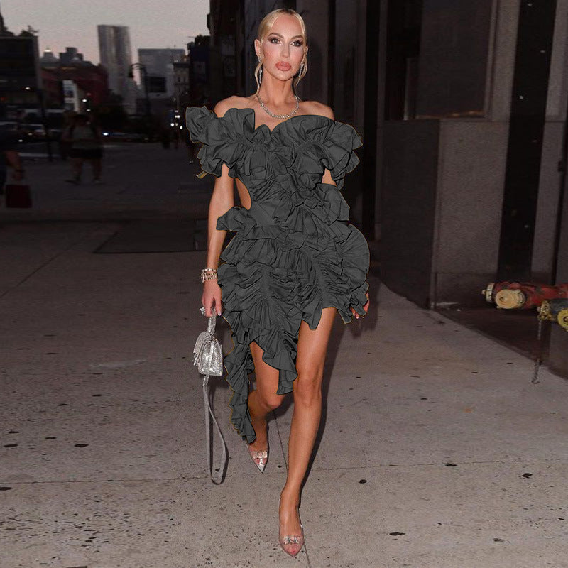 Women's Solid Color Sexy Hollow Low Back Ruffle Irregular Mini Dress 4