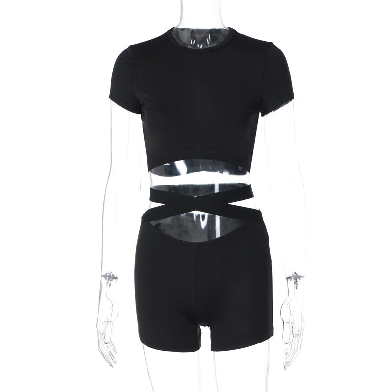 Women spring Backless short-sleeved T-shirt and shorts two-piece set 6