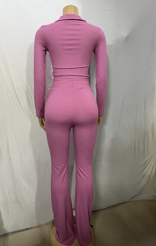 Women turndown collar knitting long sleeve top and Pants two-piece suit 7