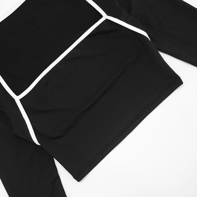 Women's Autumn Winter Solid Color Patchwork Color Block Trim Long Sleeve Top Slim Pants Set 21