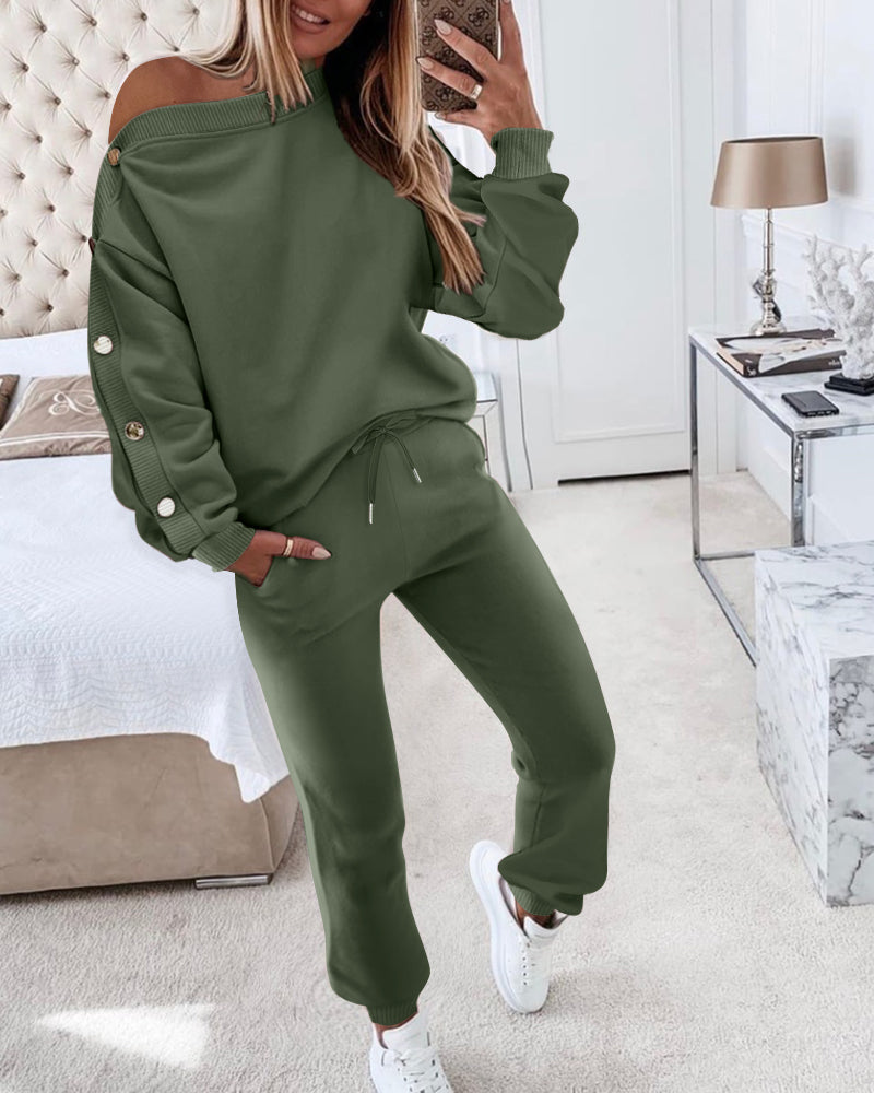 Autumn Winter Women V-Neck Long Sleeve Top Pocket Pants Casual Two-Piece Set 3