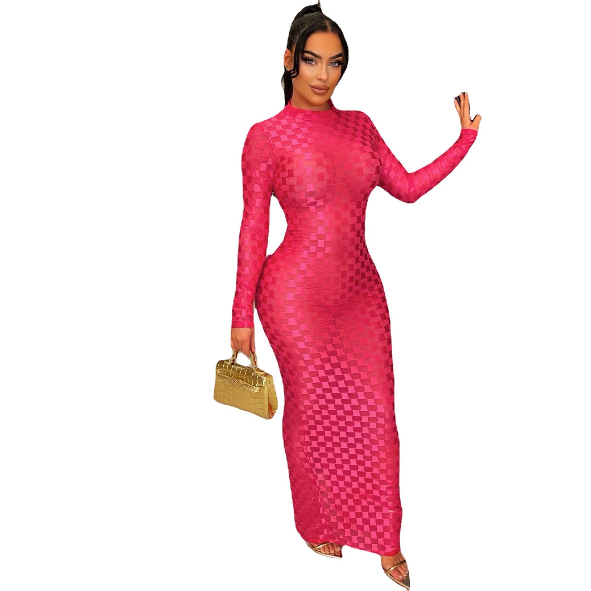 Women's Fashion Mesh Round Neck Slim Fit Long Dress 21