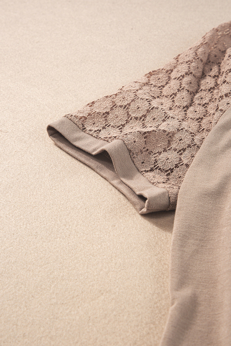 Women Spring and Summer Solid Hollow Lace Short Sleeve Round Neck Crumpled Dress 13