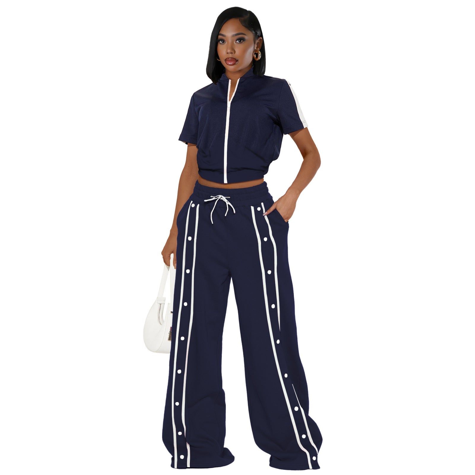 Women's Sports Two-Piece Set Buttoned Loose Pocket Wide-Leg Pants & Short Sleeve Zipper Top 10