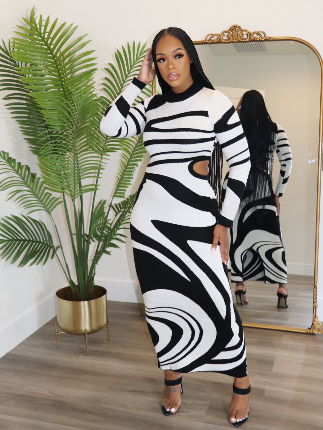 Women's Winter Sexy Slim Contrast Color Fashionable Round Neck Open Waist Slim Dress 6