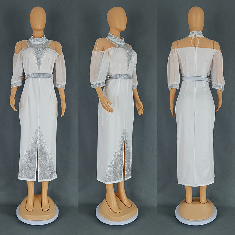 African Plus-Size Elegant Chic Beaded Patchwork Slit Bodycon Dress 17