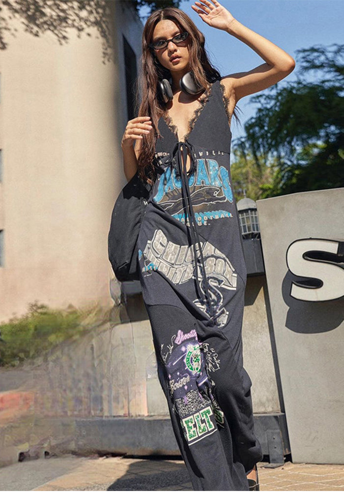 Summer women's clothing American street print v-neck lace hollow loose dress