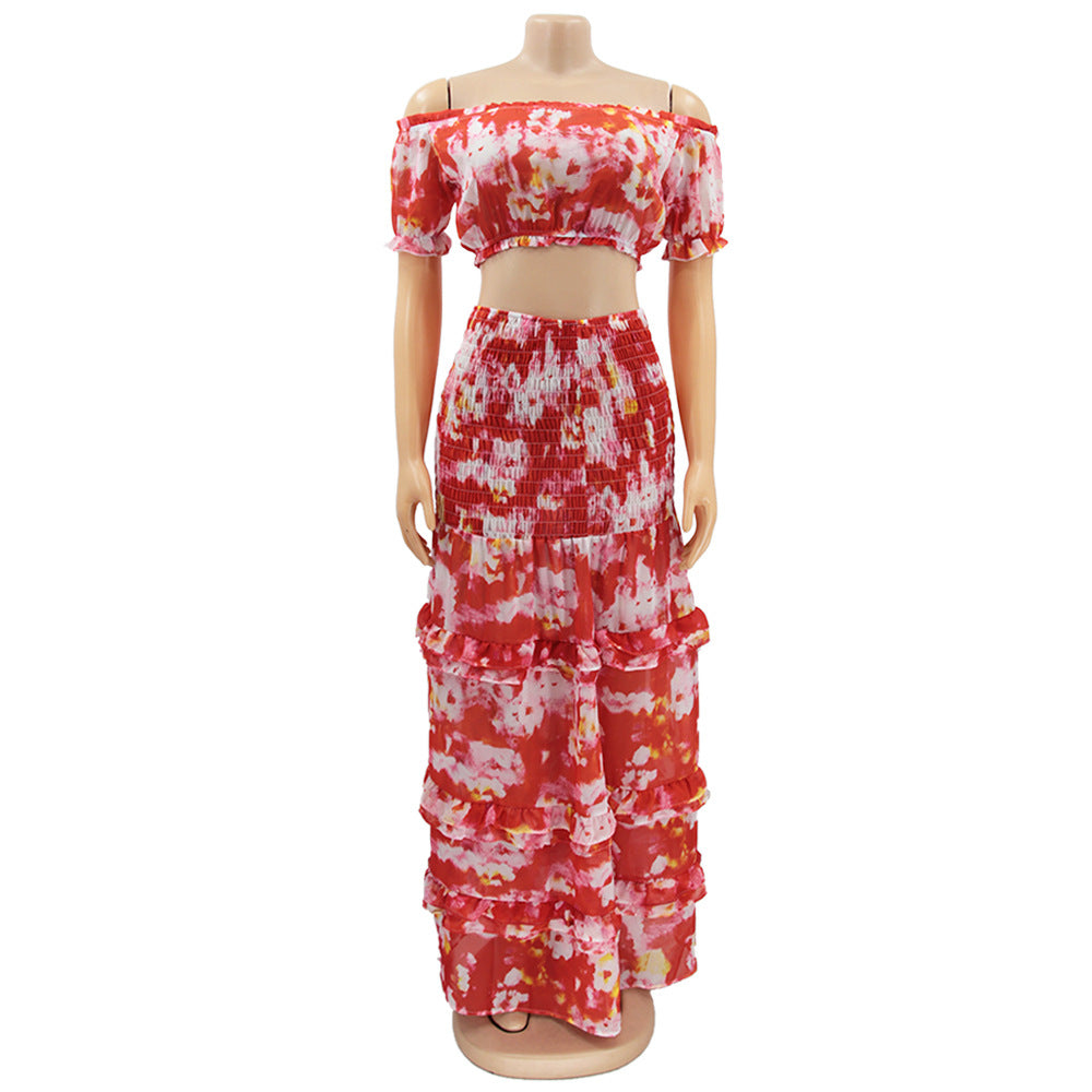 Printed Short Sleeve Sexy Slim Fit Women's Casual Two Piece Skirt Set 13