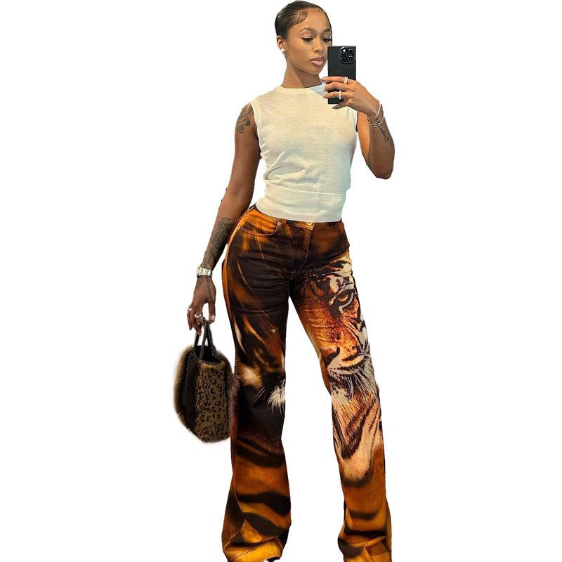 Summer Women's High Waist Digital Printed Fake Pockets Slim Fit Bell Bottom Casual Pants 6