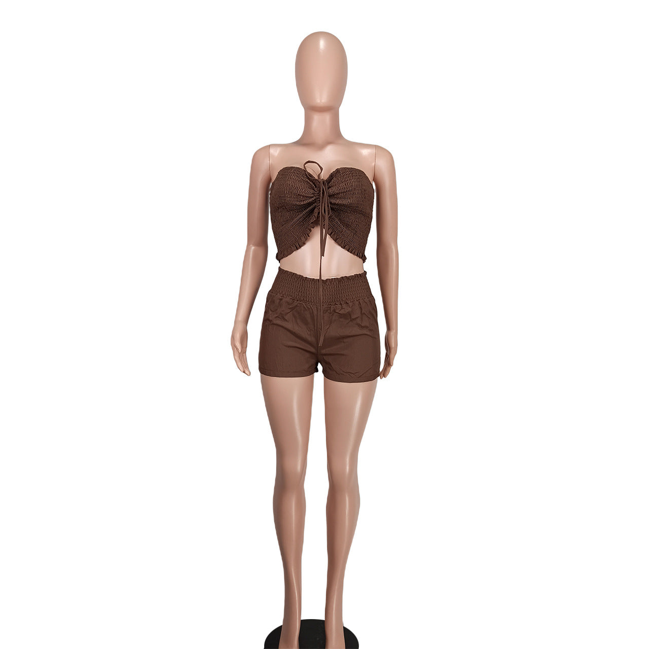 Women Sexy Off Shoulder Drawstring Crop Top and Shorts Two-Piece Set 16