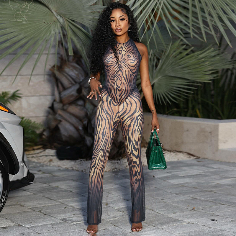 Women's Summer Autumn Mesh Printed Halter Neck Lace-Up Top and Pants Set 3