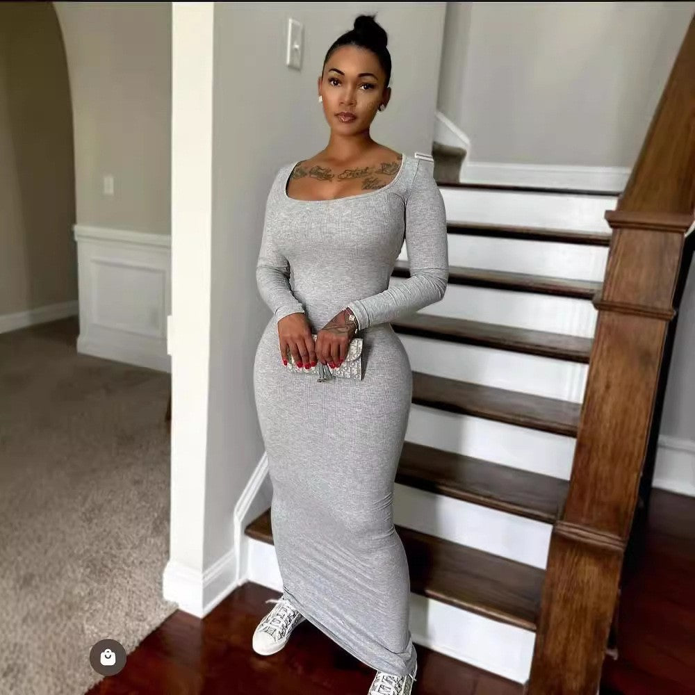 Women's Fashion Square Collar Solid Color Long Sleeve Ribbed Long Dress 3
