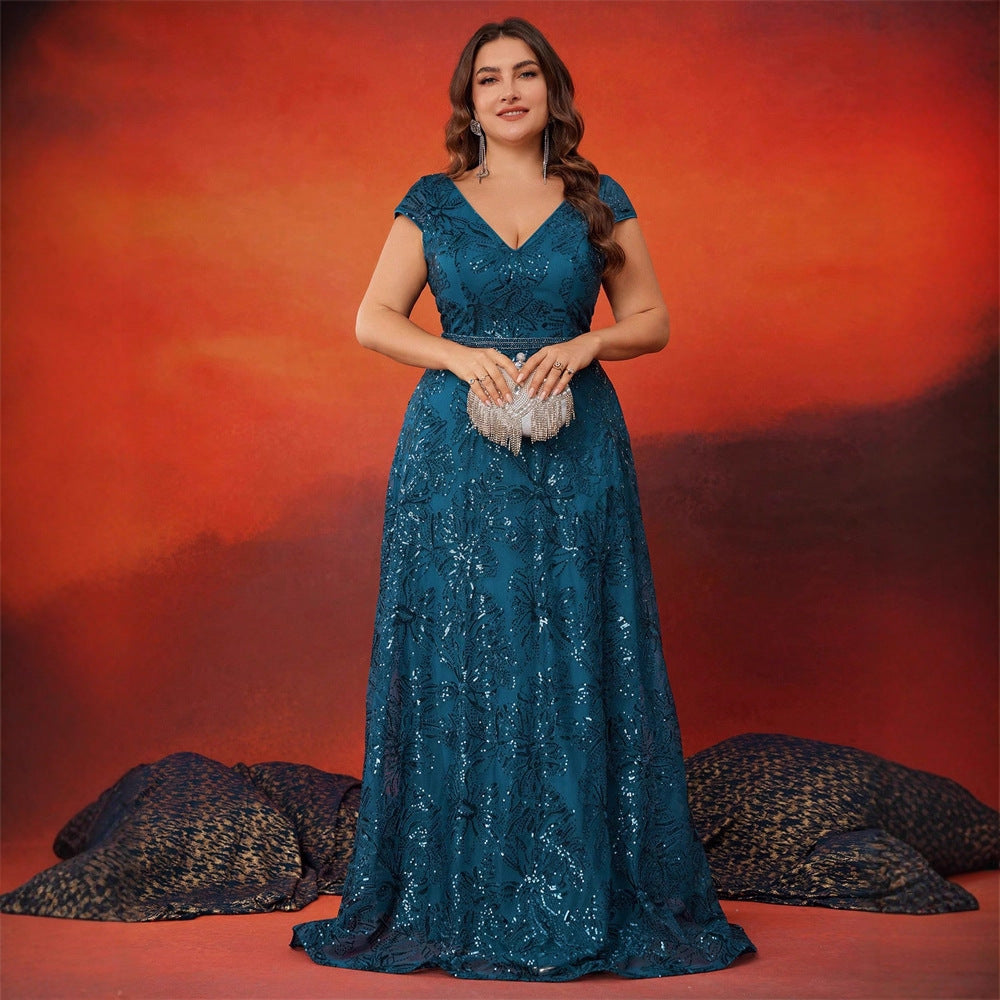 Women's Large V-Neck Sequin Floor-Length Elegant Bell Sleeve Formal Party Evening Gown 7