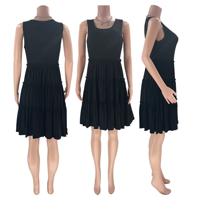 Summer Solid Round Neck Sleeveless Casual Women's Fashion Pleated Casual Dress 29