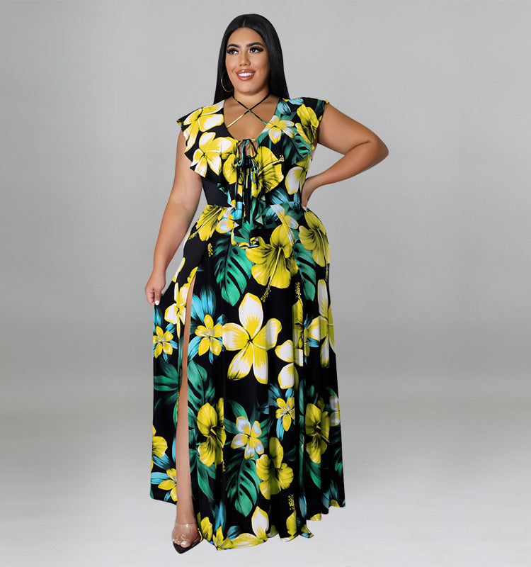 Plus Size Women's Summer Ruffled Collar Floral Print Maxi Dress