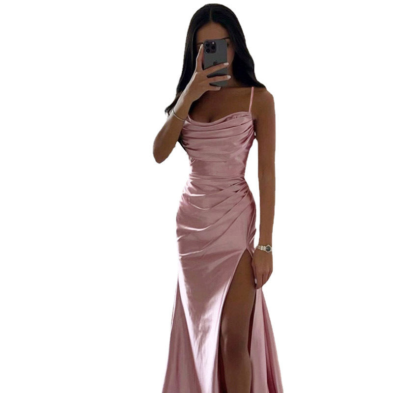 Spring Strapless Gathered Slit Satin Dress Sexy Slim Bodycon Dress 9
